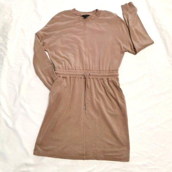 RW&CO. Ecovero Sweatshirt Dress | Brown Drawstring T-Shirt Dress | Medium - Picture 1 of 8